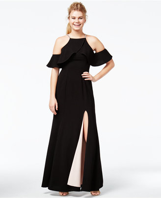 Speechless Juniors' Ruffled Cold-Shoulder Gown