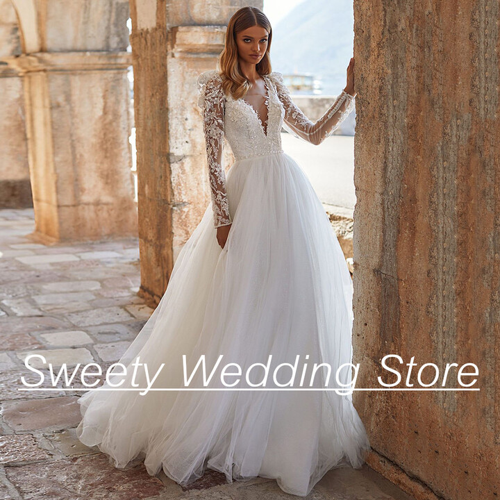 Jiayigong Romantic Wedding Dress Vestidos De Novia Puff Sleeves Deep V Neck Sparkling Beading Applique Glitter Tulle A Line Bride Dresses