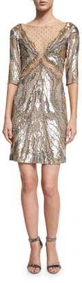 Jenny Packham Half-Sleeve Embellished Sheath Dress, Dawn Gold