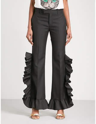 Gucci Ladies Black Ruffled Wide High-Rise Wool and Mohair-Blend Trousers