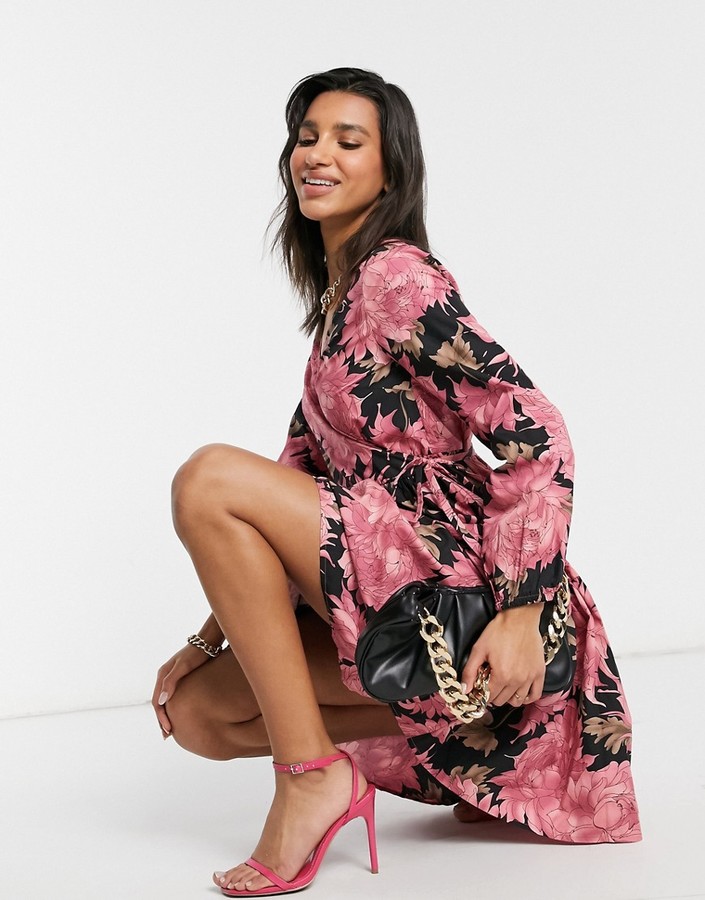 Y.A.S wrap dress in pink and black floral - ShopStyle