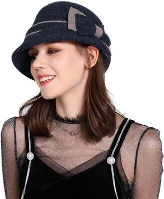 Jeff & Aimy Ladies 57% Wool Felt Cloche Hat Winter Hat Womens 1920s Vintage Derby Church Bowler Bucket Hat Warm Soft Crushable Navy 56-58CM