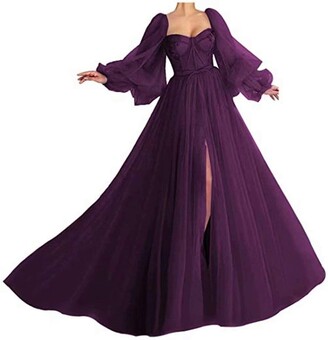 X/Y Long Puffy Sleeve Prom Dress Long with Split Evening Gowns Birthday Party Dresses Grape UK 20