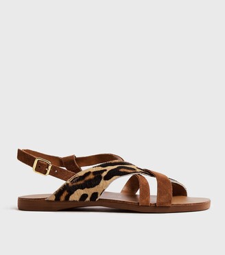 New Look Wide Fit Leather Leopard Print Strap Sandals