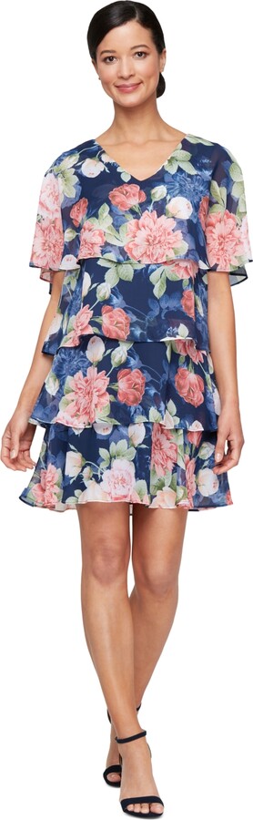 SL Fashions Women's Floral Cape-Overlay Tiered Dress ShopStyle