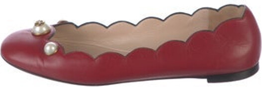Gucci Leather Ballet Flats Red Faux Pearl Accents & Double G Logo Scalloped & Beaded Accents Round-Toes Designer