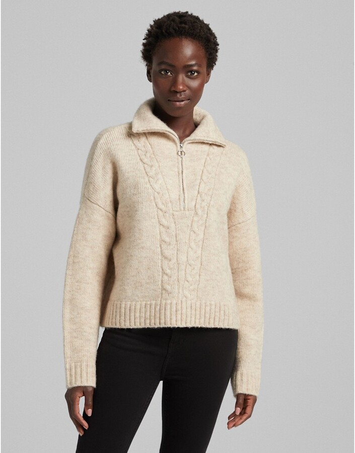 Bershka cable knit detail half zip jumper in beige ShopStyle