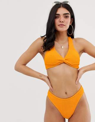 ASOS Design DESIGN crinkle high leg hipster bikini bottom in orange