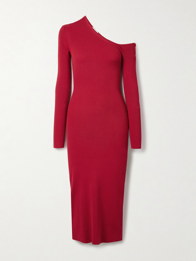 STAUD Lois Off-the-shoulder Ribbed-knit Midi Dress - Red