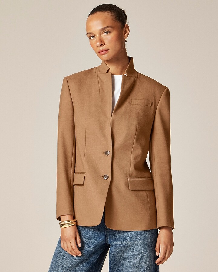 Stand collar blazer in wool-blend flannel