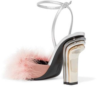 Marco De Vincenzo Feather-embellished Satin And Metallic Leather Sandals - Silver