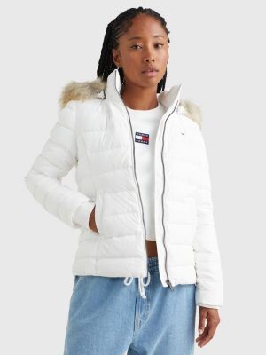 White Puffer Jacket With Fur Hood 