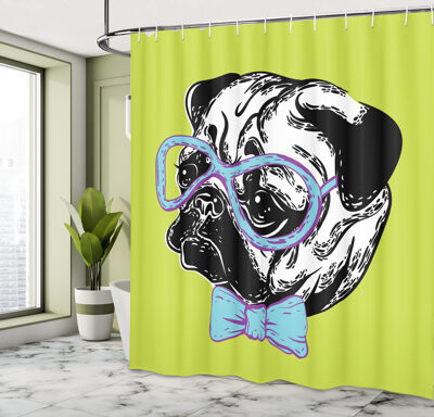 Dakota Fields Pug Shower Curtain Pug with a Bow Tie Apple Green Pale Blue