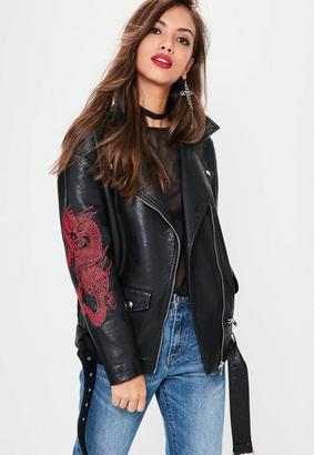 Missguided Faux Leather Embroidered Biker Jacket
