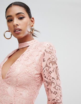 In The Style lace plunge long sleeve dress