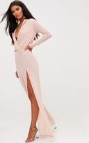 Thumbnail for your product : PrettyLittleThing Nude Lurex Plunge Long Sleeved Maxi Dress