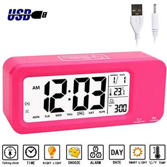Alarm Clock for Kids, Aitey Talking Digital Clock with Built-in Rechargeble Battery, 3 Alarms, Low Light Sensor Technology for Girls and Boys (Red)