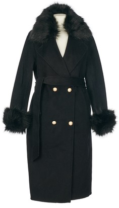Popski London Black Cashmere Faux Fur Trim Coat