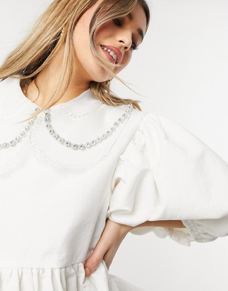 Sister Jane Dream blouse with bib collar and embellishment in white