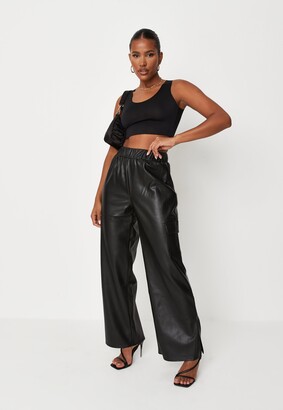 Missguided Black Faux Leather Wide Leg Trousers - ShopStyle