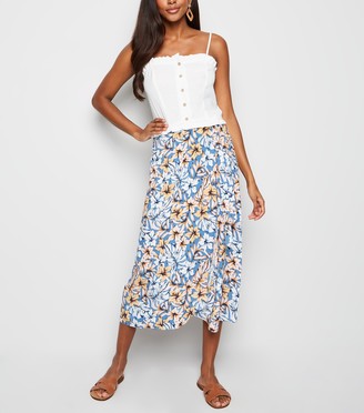 New Look Tropical Floral Wrap Midi Skirt
