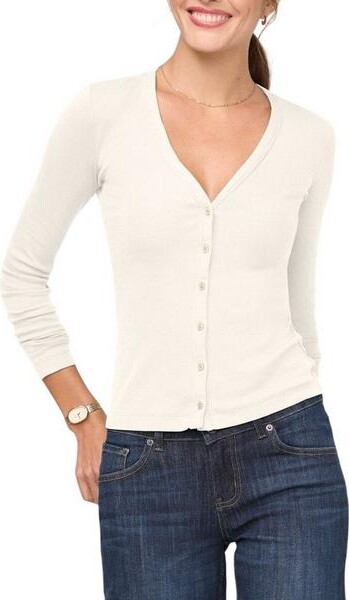DUER Women's Cardigan Ribbed Pima Fitted Button Down XSmall Ecru