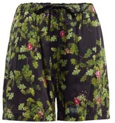 Thumbnail for your product : Preen by Thornton Bregazzi Isabel Leaf-print Satin Shorts - Black Green