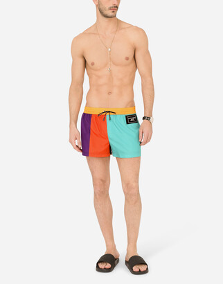 Dolce & Gabbana Short nylon patchwork swim trunks with patch