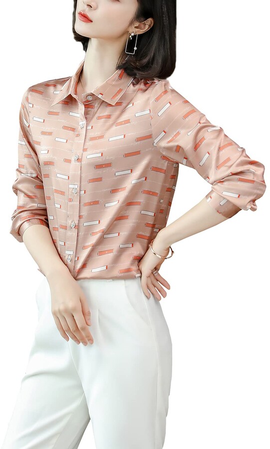 E Girl E-girl Women's Pink Silk Blouses Button Down Shirts Top Printing  Long Sleeve Lapel Blouse M S9085 - ShopStyle