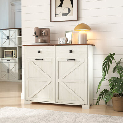 Farmhouse Double Tilt-Out Trash Cabinet-Barn Door Style, Hideaway Drawers, Multi-Use for Kitchen & Laundry