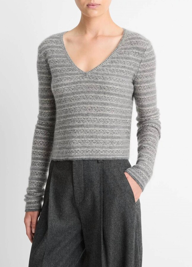 Fair Isle V-Neck Long Sleeve Tee In Heather Grey Combo