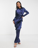 Thumbnail for your product : ASOS DESIGN satin high drape neck maxi dress with long sleeves in navy