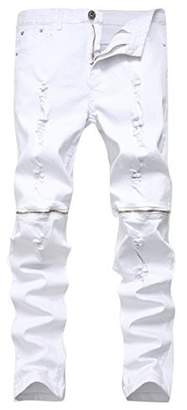 Qazel Vorrlon Men's White Zipper Ripped Distressed Destroyed Skinny Fit Jeans with Holes