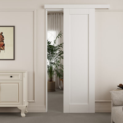 Win Stellar Hidden Style Track Solid Manufactured Wood Panel White Primed Sliding Barn Door With Installation Hardware Kit(No Assembly Required)