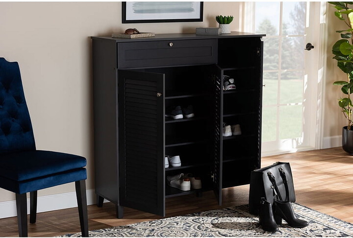 Baxton Studio Coolidge Modern and Contemporary Dark Grey Finished 11-Shelf Wood Shoe Storage Cabinet with Drawer