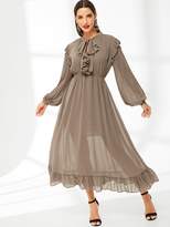 Thumbnail for your product : Shein Pleated Bishop Sleeve Jabot Ruffle Hem Dress