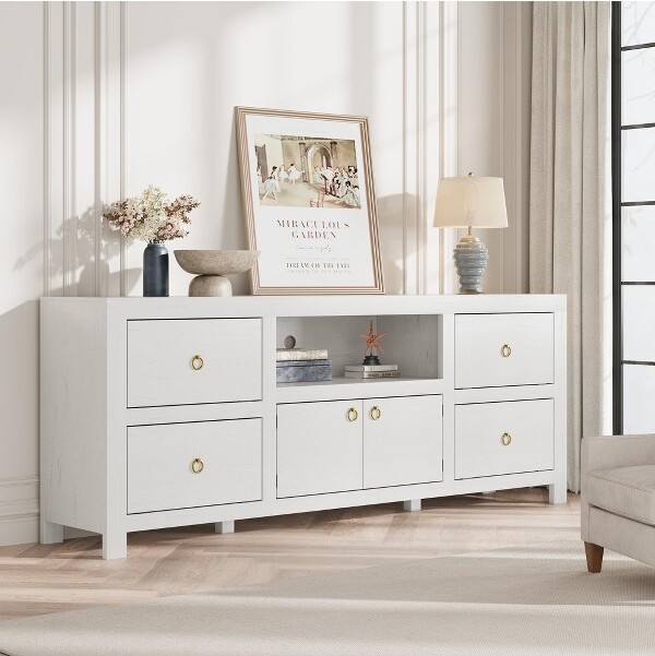 COZONY FarmhouseTVStandwith6Drawers&SoundbarShelffor80InchTVs