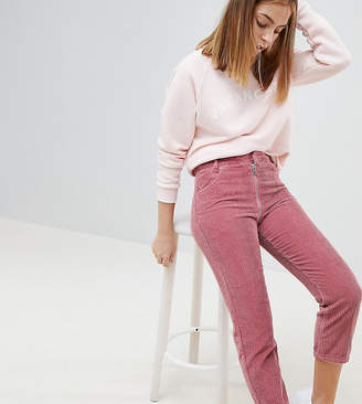 ASOS Petite DESIGN Petite high waist authentic straight leg jeans with back zip through rise detail in pink cord