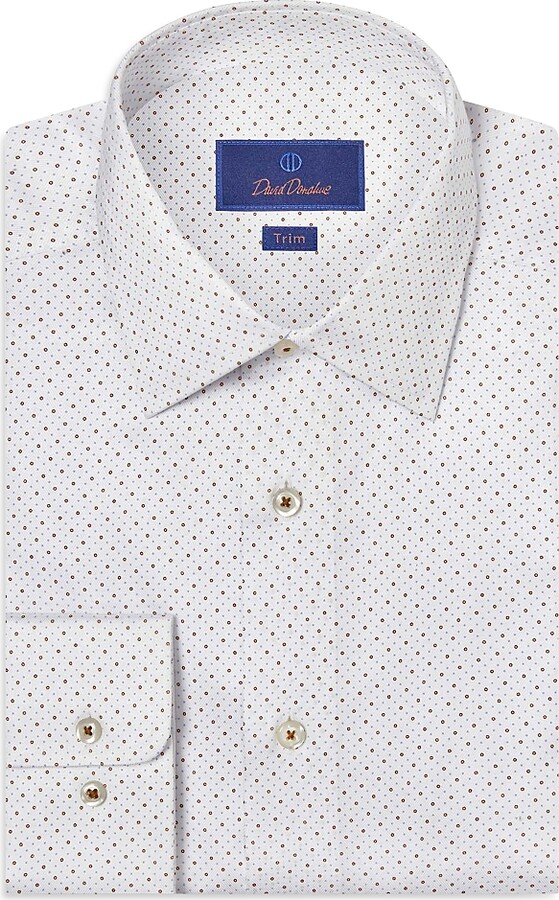 David Donahue Trim Fit Herringbone Dot Print Dress Shirt