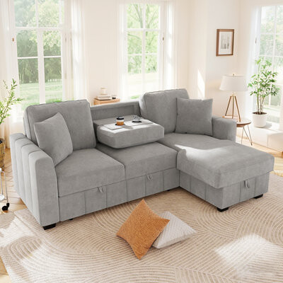 Latitude Run Finkle 90 Inch Upholstery Sleeper Sofa with Reversible Storage Chaise - Convertible Sofa Bed, 2 Back Cushion Cup Holders