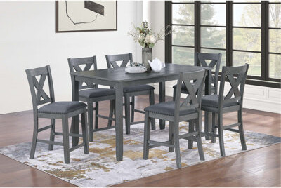 Ebern Designs Modern Style Gray Dining Table 6X Chairs 7Pcs Counter Height Set Cushion Seat Nailhead X-Cross Back Chairs Dining Room Furniture