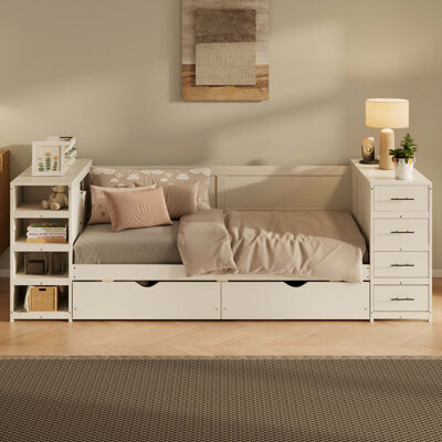 Wooden Daybed With Side Shelves & Drawers, Storage Bed With Multi-Functional Desk And Charging Station
