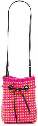 Truss Bow-detailed Raffia-effect Woven Bucket Bag