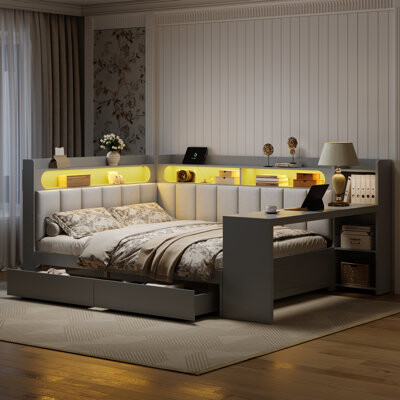 Full Size Daybed with Storage Shelves,Drawers,Charging Station,LED Light,Desk and Upholstered Headboard and Backrest,Gray