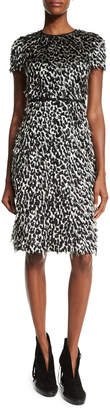 Burberry Ocelot Short-Sleeve Animal-Print Feathered Dress