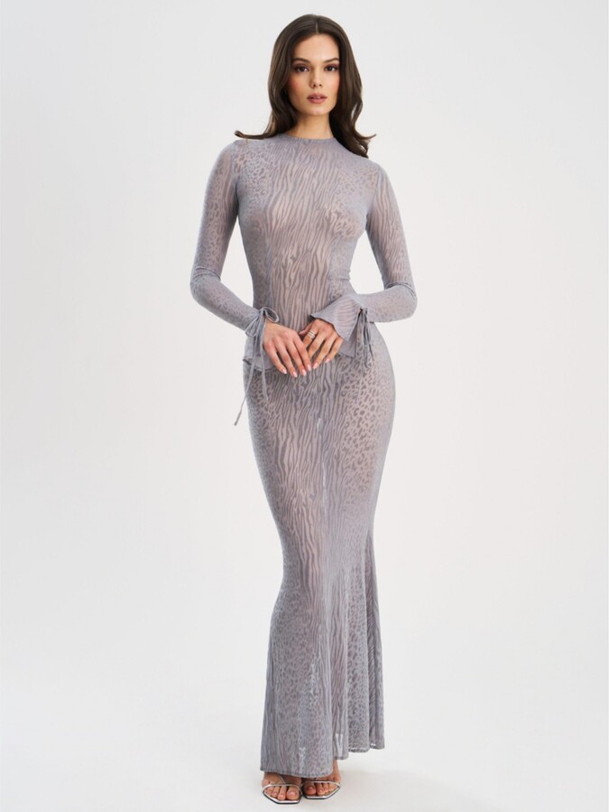 Miss Circle Women Waylynn Gray Animal Print Burnout Velvet Detail Mesh Backless Maxi Dress