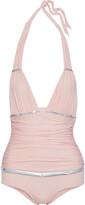 Thumbnail for your product : La Perla Metallic Faux Leather-trimmed Open-back Ruched Swimsuit