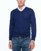 Thumbnail for your product : Neiman Marcus Tipped V-neck sweater, navy