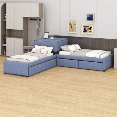 Wooden Twin Szie L-Shaped Upholstered Platform Bed With A Trundle Bed, 2 Drawers And Built-In Desk