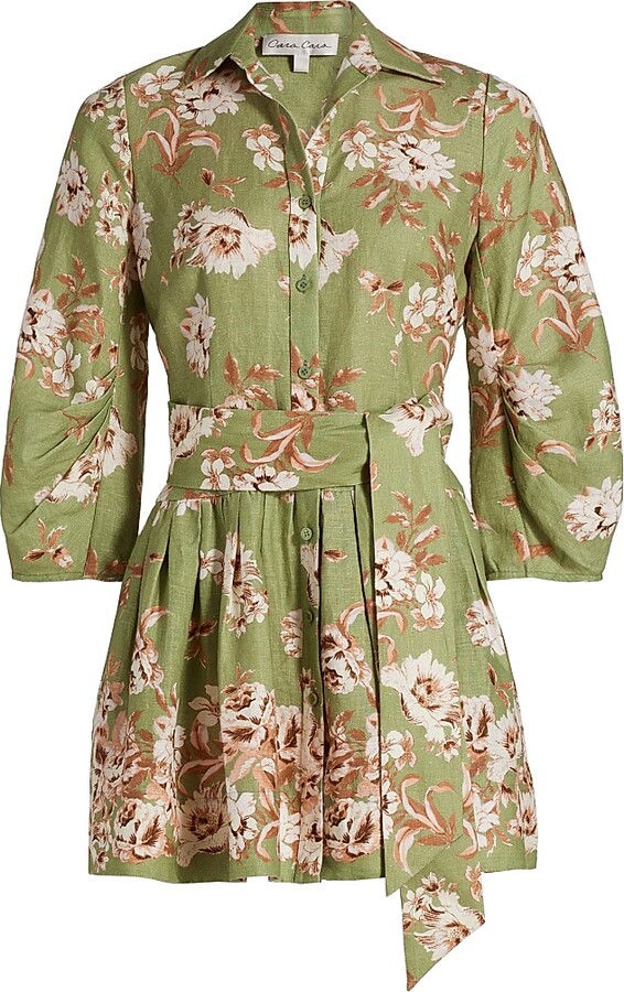 Cara Cara Women's Raya Floral Belted Mini Shirtdress - Farfella Sage - Size 0